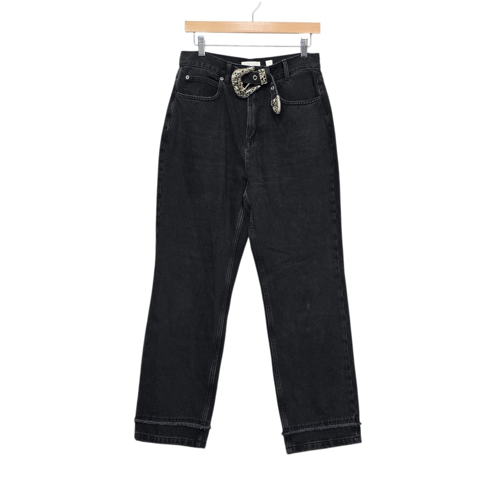 Le ALX Black High Waisted Straight Leg Western Buckle Jeans Womens 29 Raw Hem